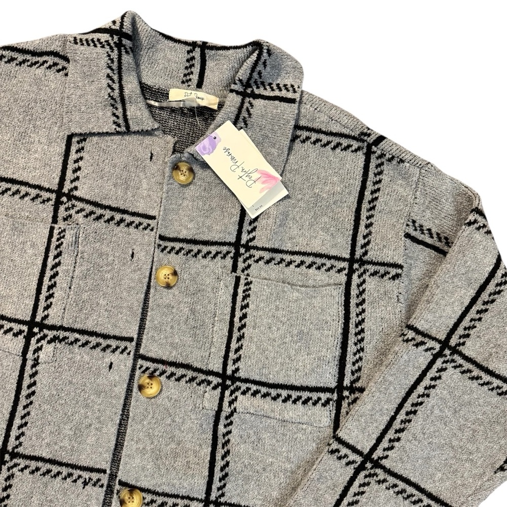 Peyton Primrose Grey & Black Windowpane Plaid Cardigan Sweater -Womens Large NWT